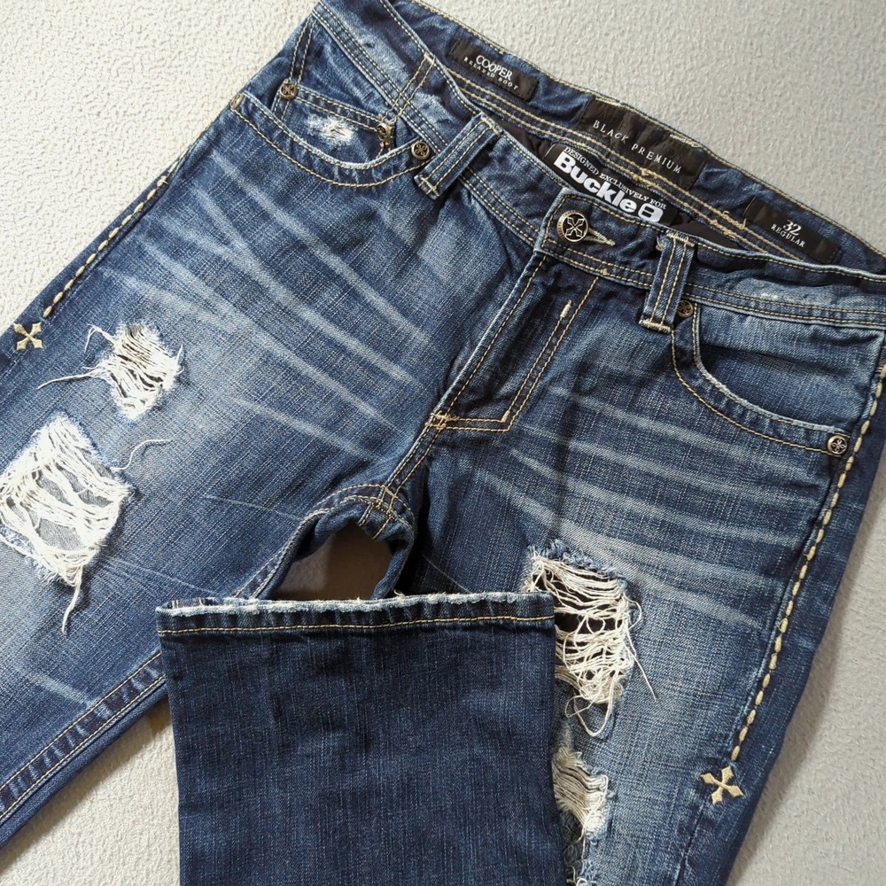 Affliction Cooper Relaxed Bootcut Jeans Mens 32 Blue Distressed Black Premium